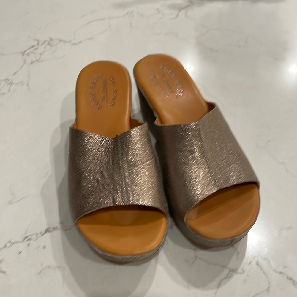 Kork-Ease metallic light gold covered heel wedge